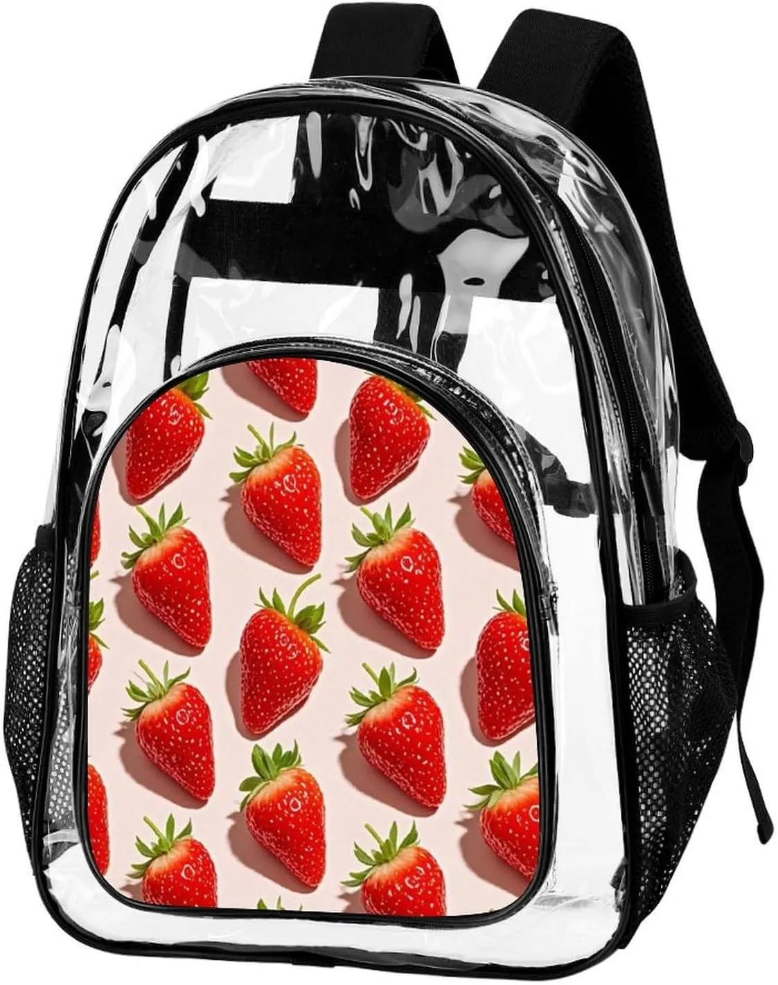 Supdreamc Women Men Transparent Cute Pink Strawberry Art Casual Daypack Large Capacity Bookbag With Side Pockets for Sports Picnic Walking Cycling