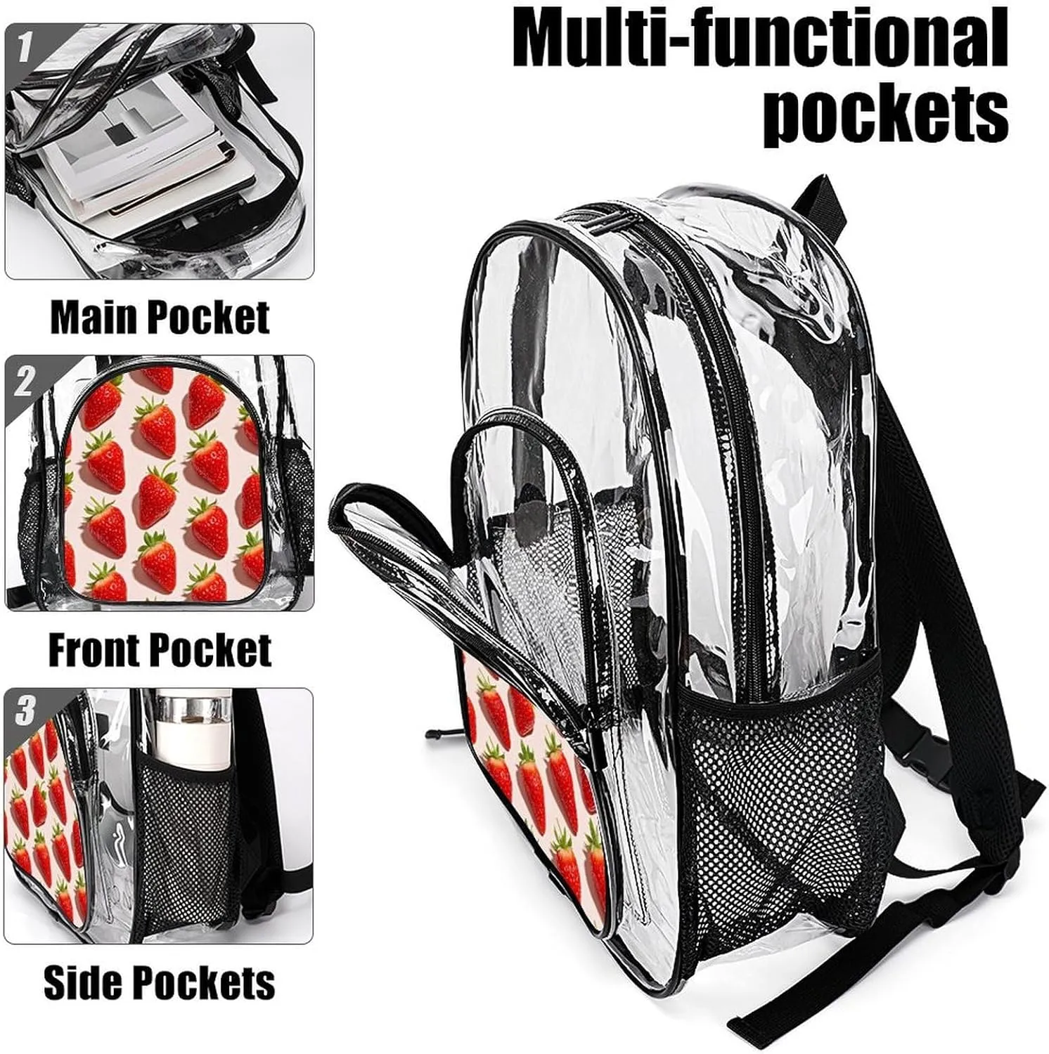 Supdreamc Women Men Transparent Cute Pink Strawberry Art Casual Daypack Large Capacity Bookbag With Side Pockets for Sports Picnic Walking Cycling