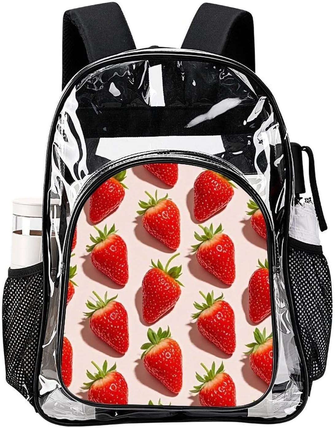 Supdreamc Women Men Transparent Cute Pink Strawberry Art Casual Daypack Large Capacity Bookbag With Side Pockets for Sports Picnic Walking Cycling