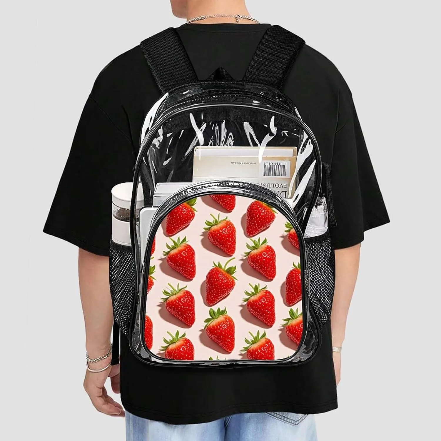 Supdreamc Women Men Transparent Cute Pink Strawberry Art Casual Daypack Large Capacity Bookbag With Side Pockets for Sports Picnic Walking Cycling