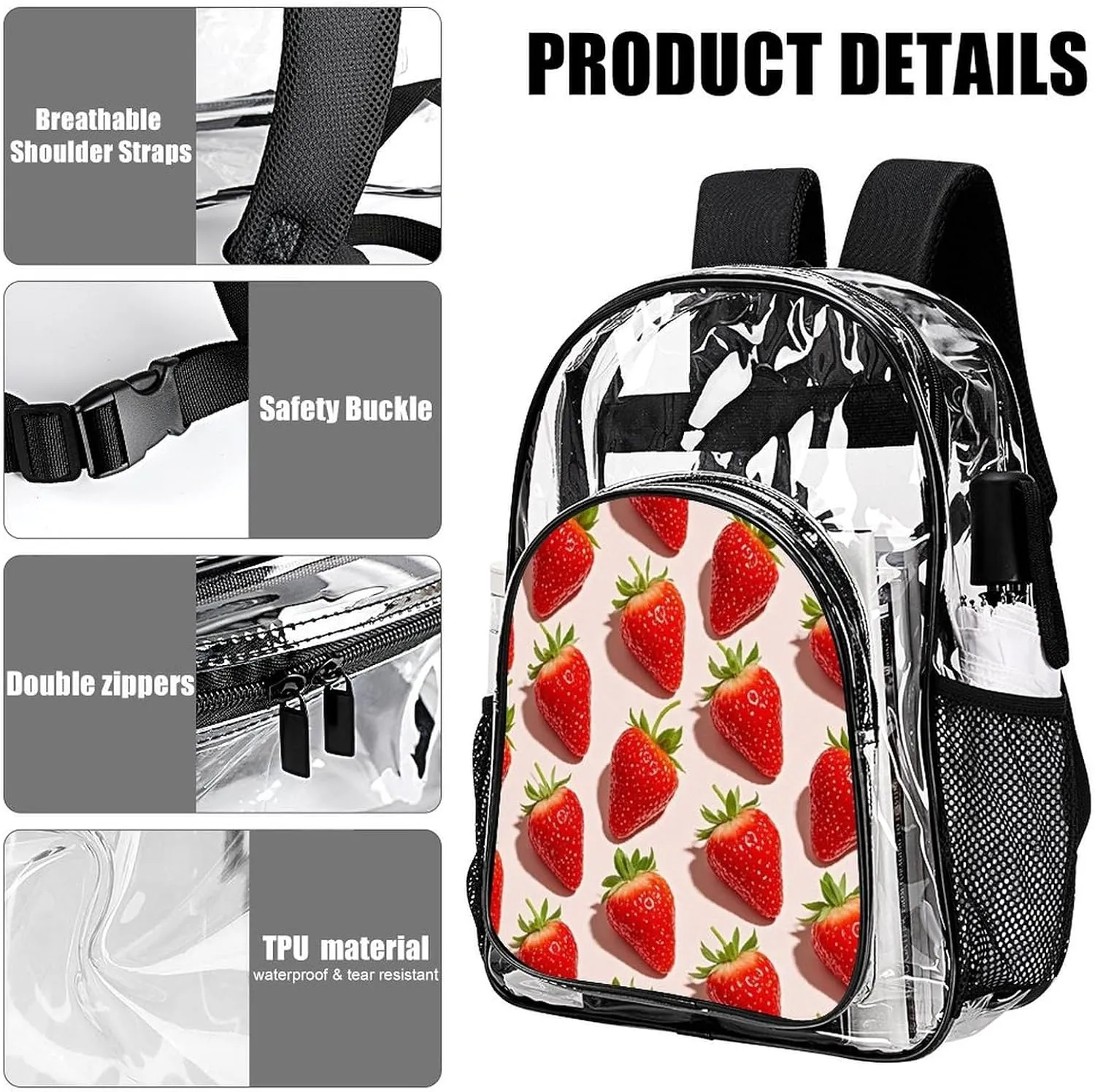 Supdreamc Women Men Transparent Cute Pink Strawberry Art Casual Daypack Large Capacity Bookbag With Side Pockets for Sports Picnic Walking Cycling