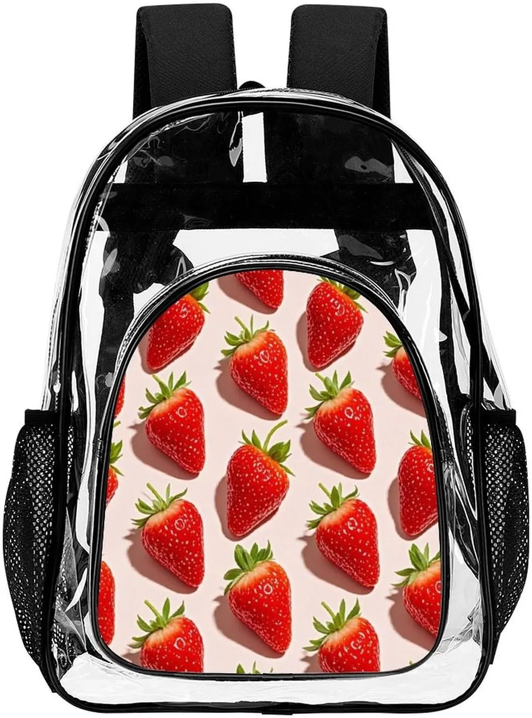 Supdreamc Women Men Transparent Cute Pink Strawberry Art Casual Daypack Large Capacity Bookbag With Side Pockets for Sports Picnic Walking Cycling