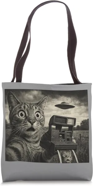 Surprised Cat Captures UFO Moment with Instant Camera Tote Bag