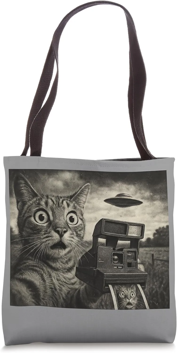 Surprised Cat Captures UFO Moment with Instant Camera Tote Bag