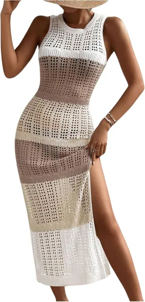 SweatyRocks Women's Colorblock Sleeveless Crochet Coverups Maxi Dress Sheer Split Thigh Cover Up