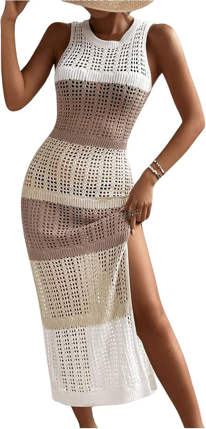 SweatyRocks Women's Colorblock Sleeveless Crochet Coverups Maxi Dress Sheer Split Thigh Cover Up