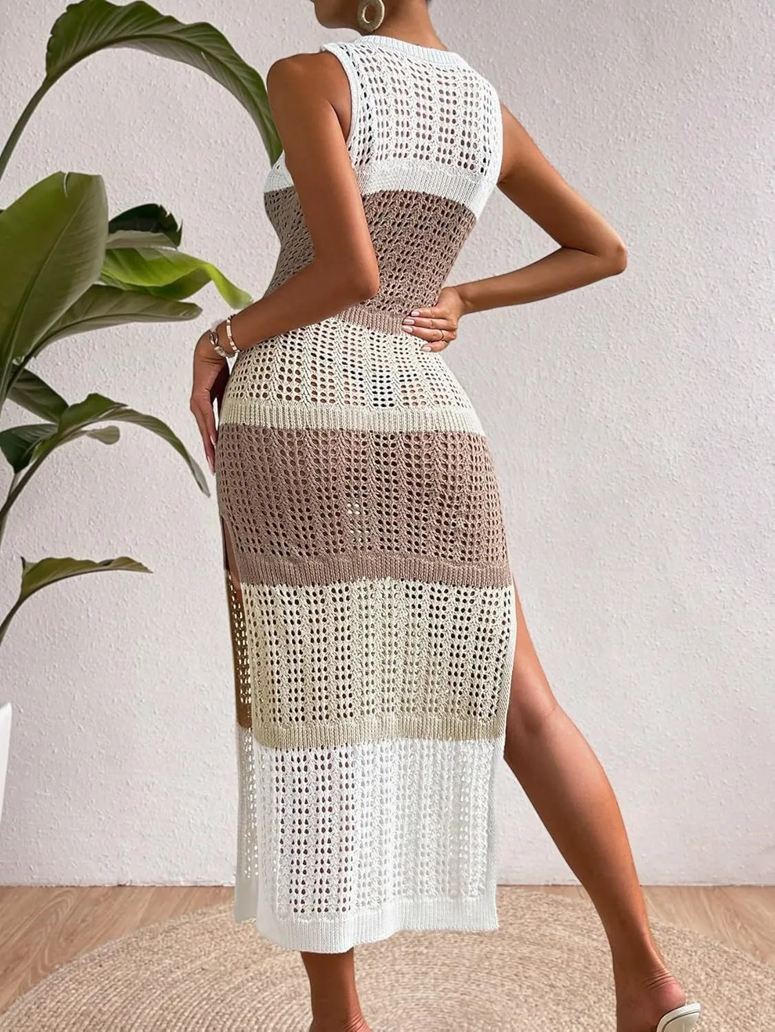 SweatyRocks Women's Colorblock Sleeveless Crochet Coverups Maxi Dress Sheer Split Thigh Cover Up