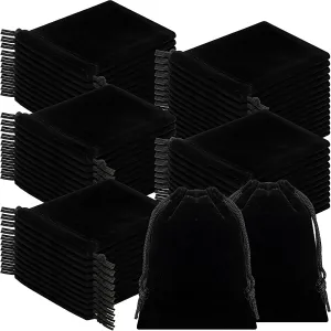 Sweetude 100 Pieces Velvet Drawstring Bags Jewelry Pouches for Christmas 2.76 x 3.54 Inches Wedding Mini Gift Bags for Christmas, Party Favors(Black)