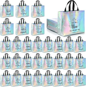 Sweetude 30 Pcs Iridescent Christian Gift Bags Bulk with Bible Verse 13 x 11 x 5 Inch Religious Glossy Tote Holographic Reusable Goodie Bags with Handles for Wedding Birthday Party Favors Gift