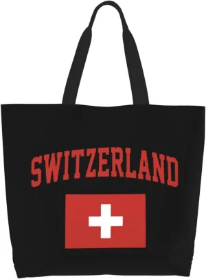 Switzerland Flag Canvas Tote Bags for Women, Ladies Shoulder Handbags Large Purse Lightweight Foldable Reusable Shopping Bag with Pockets for Work, Travel, 15.7x19.7in