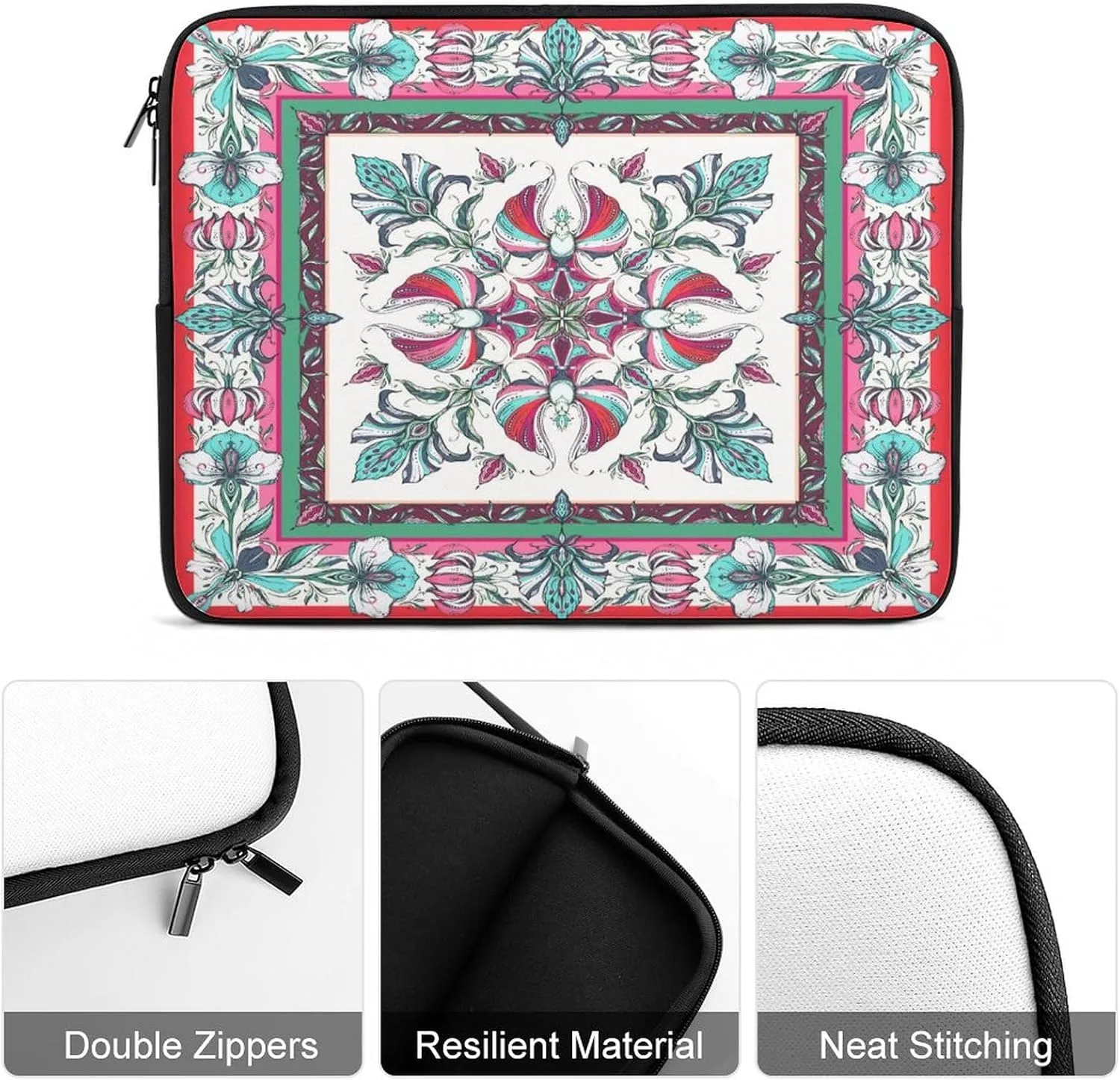 Symmetrical Flowers Green Red Floral Laptop Bag Travel Notebook Laptops Sleeve 17inch for Men Women Computer Shockproof Storage Bag Business Trip Camping Organizer Protective Zipper Carry Case