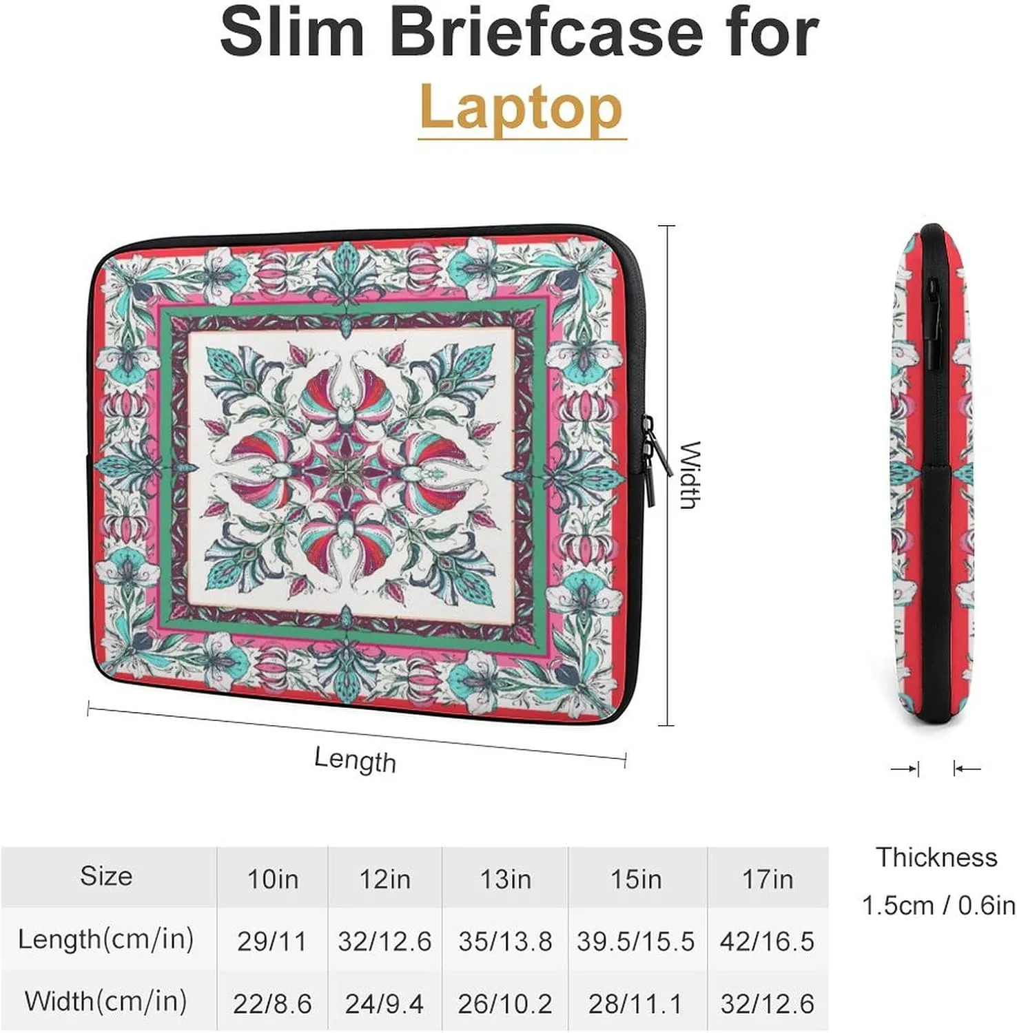 Symmetrical Flowers Green Red Floral Laptop Bag Travel Notebook Laptops Sleeve 17inch for Men Women Computer Shockproof Storage Bag Business Trip Camping Organizer Protective Zipper Carry Case