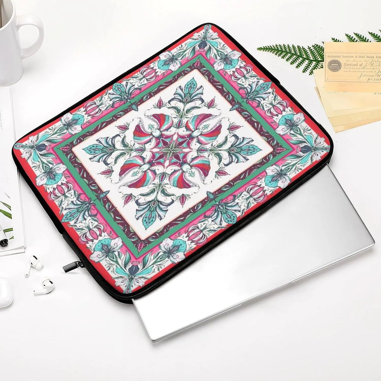 Symmetrical Flowers Green Red Floral Laptop Bag Travel Notebook Laptops Sleeve 17inch for Men Women Computer Shockproof Storage Bag Business Trip Camping Organizer Protective Zipper Carry Case
