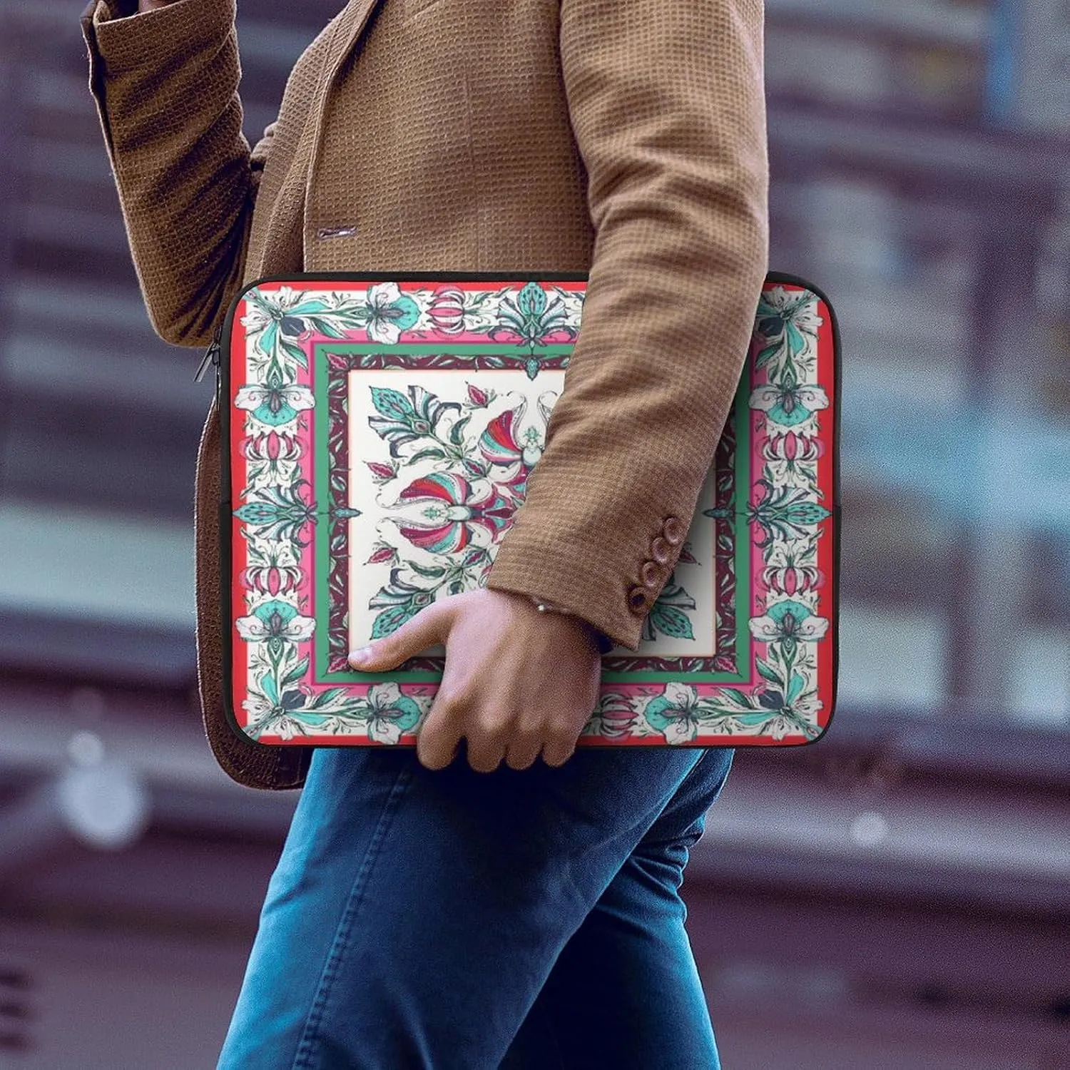 Symmetrical Flowers Green Red Floral Laptop Bag Travel Notebook Laptops Sleeve 17inch for Men Women Computer Shockproof Storage Bag Business Trip Camping Organizer Protective Zipper Carry Case