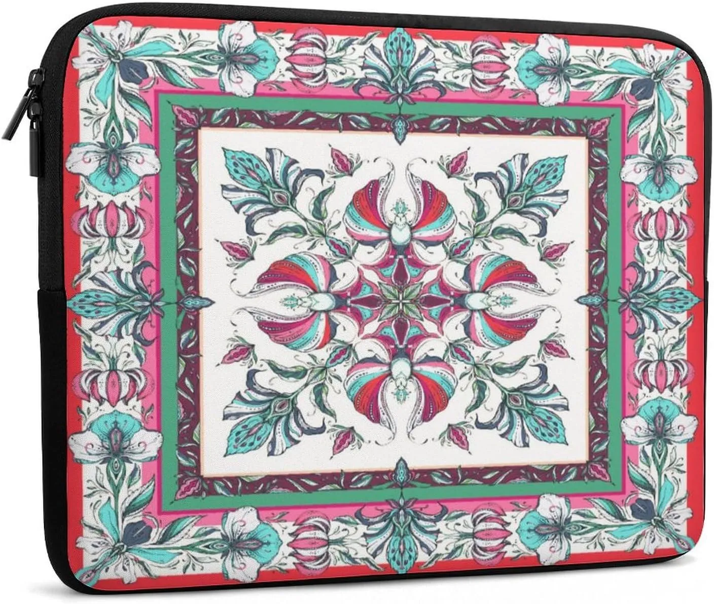 Symmetrical Flowers Green Red Floral Laptop Bag Travel Notebook Laptops Sleeve 17inch for Men Women Computer Shockproof Storage Bag Business Trip Camping Organizer Protective Zipper Carry Case