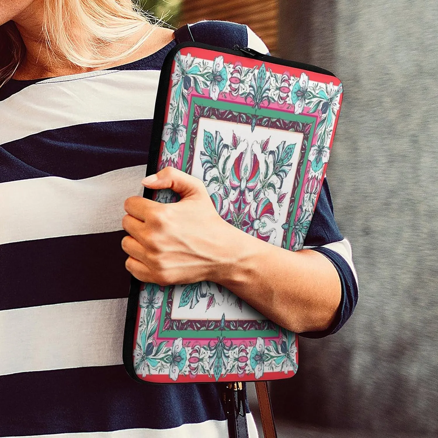 Symmetrical Flowers Green Red Floral Laptop Bag Travel Notebook Laptops Sleeve 17inch for Men Women Computer Shockproof Storage Bag Business Trip Camping Organizer Protective Zipper Carry Case