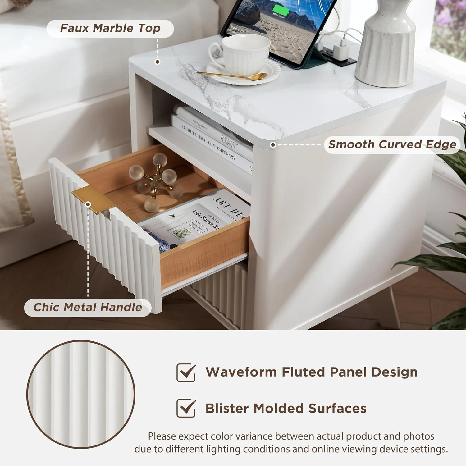 T4TREAM Fluted Nightstand with Charging Station, 18" Modern Side Table with Faux Marble Top, 2 Drawers End Table w/Storage, Bedside Table for Bedroom, Living Room, Curved Profile Design, Solid White