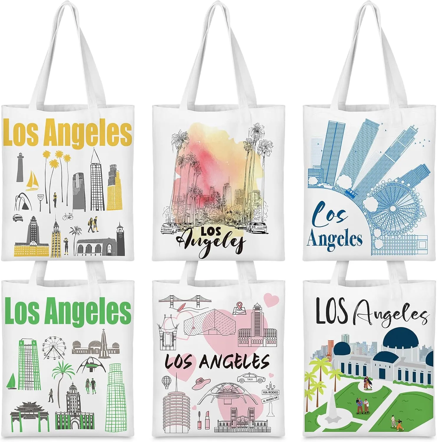 Talltalk 6 Pcs Los Angeles Canvas Tote Bag Watercolor Los Angeles City Souvenir Gift Souvenir Women Travel Gifts Grocery Shopping Bag Christmas Party Favors