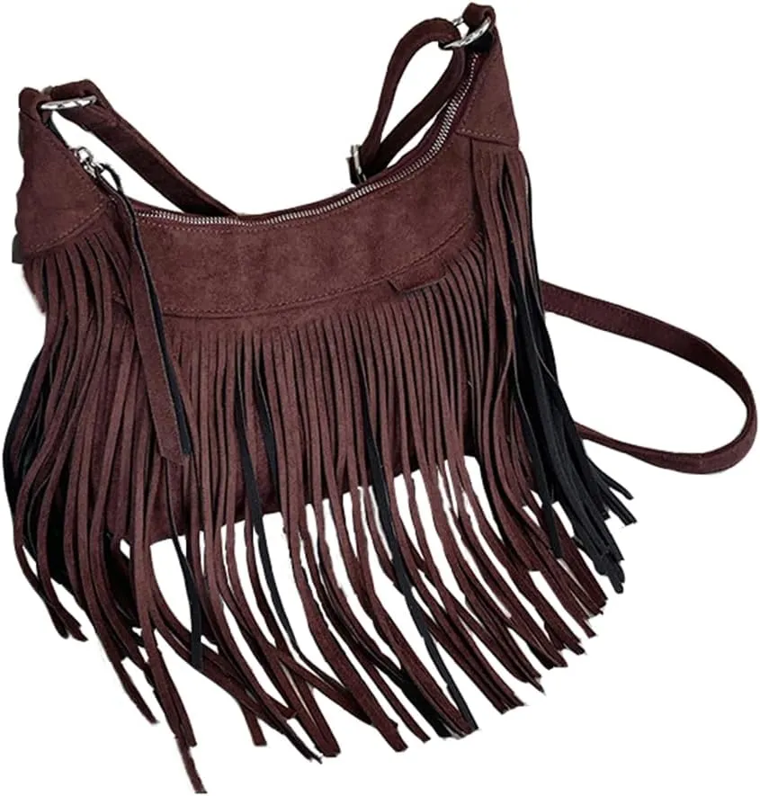 Tassel Crossbody Bags for Women Buckskin Velvet Wallet Purses Large Shoulder Handbags with Adjustable Strap Sling Bag Coffee