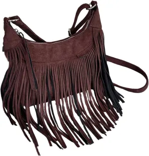 Tassel Crossbody Bags for Women Buckskin Velvet Wallet Purses Large Shoulder Handbags with Adjustable Strap Sling Bag Coffee