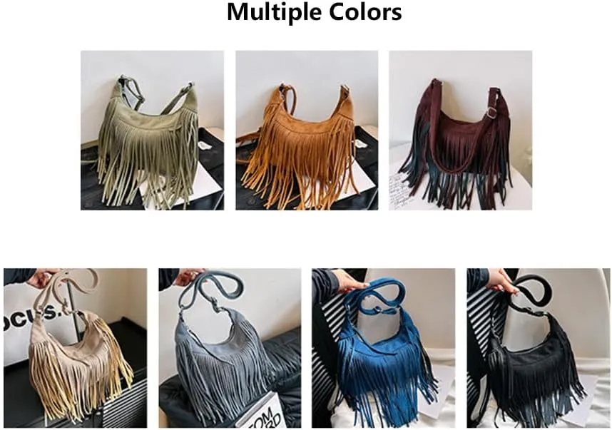 Tassel Crossbody Bags for Women Buckskin Velvet Wallet Purses Large Shoulder Handbags with Adjustable Strap Sling Bag Grey