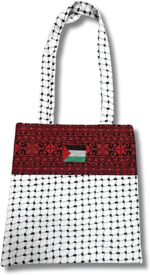 Tatreez Embroidered Tote Bag with Keffiyeh Pattern & Palestine Flag – Handmade Shoulder Bag for Women | Cultural & Durable