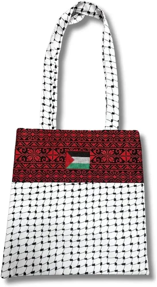 Tatreez Embroidered Tote Bag with Keffiyeh Pattern & Palestine Flag – Handmade Shoulder Bag for Women | Cultural & Durable