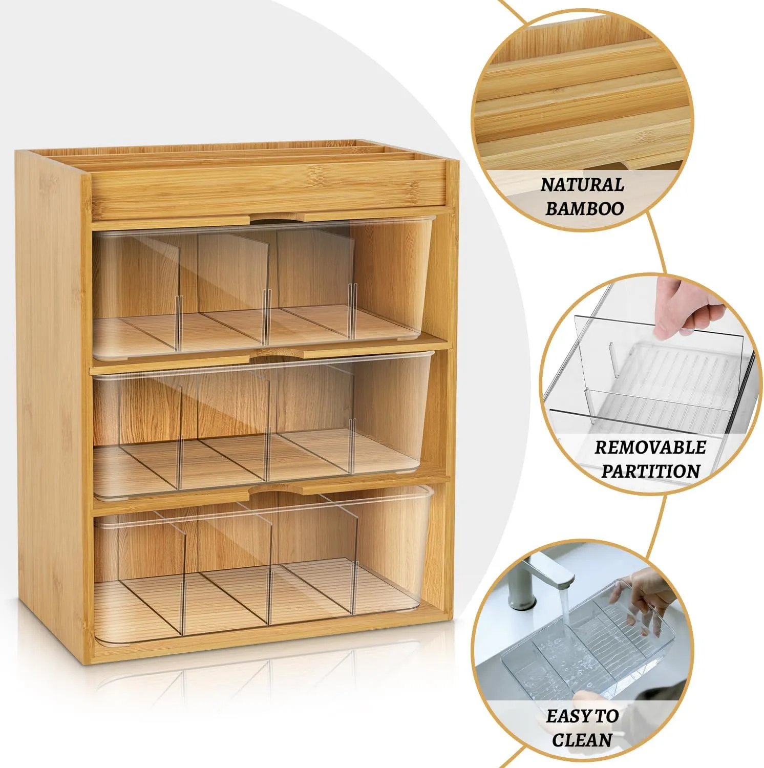 Tea Organizer - Bamboo & Acrylic 3-Layer Tea Bag Holder with Drawer, Rustic Minimalist Wood Tones for Countertop, Office, Kitchen