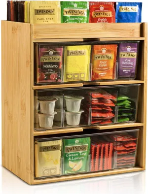 Tea Organizer - Bamboo & Acrylic 3-Layer Tea Bag Holder with Drawer, Rustic Minimalist Wood Tones for Countertop, Office, Kitchen