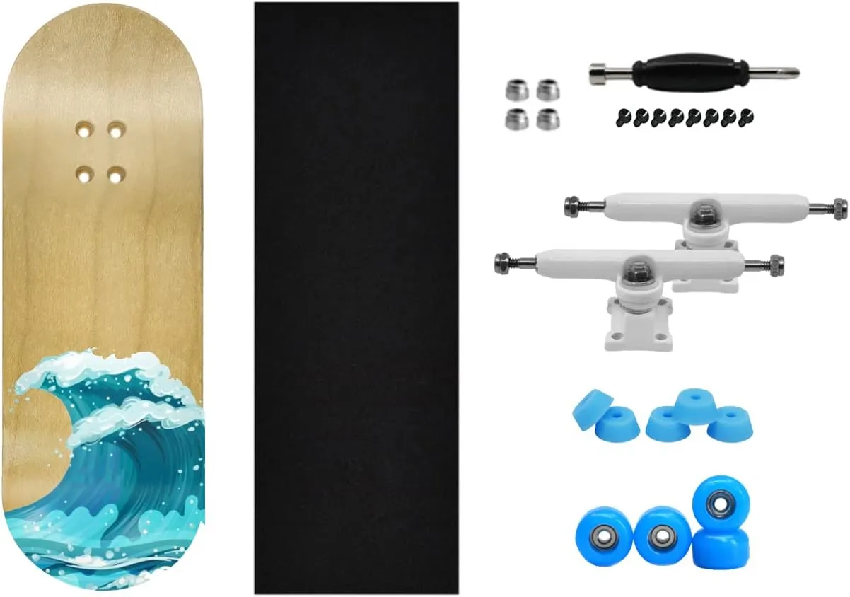 Teak Tuning Complete Fingerboard Waves Edition - Premium, Heat Transfer Graphic - Pro Shape & Size - Bearing Wheels, Pro Trucks, 61A Pro Duro Bushings - 34mm x 97mm Deck