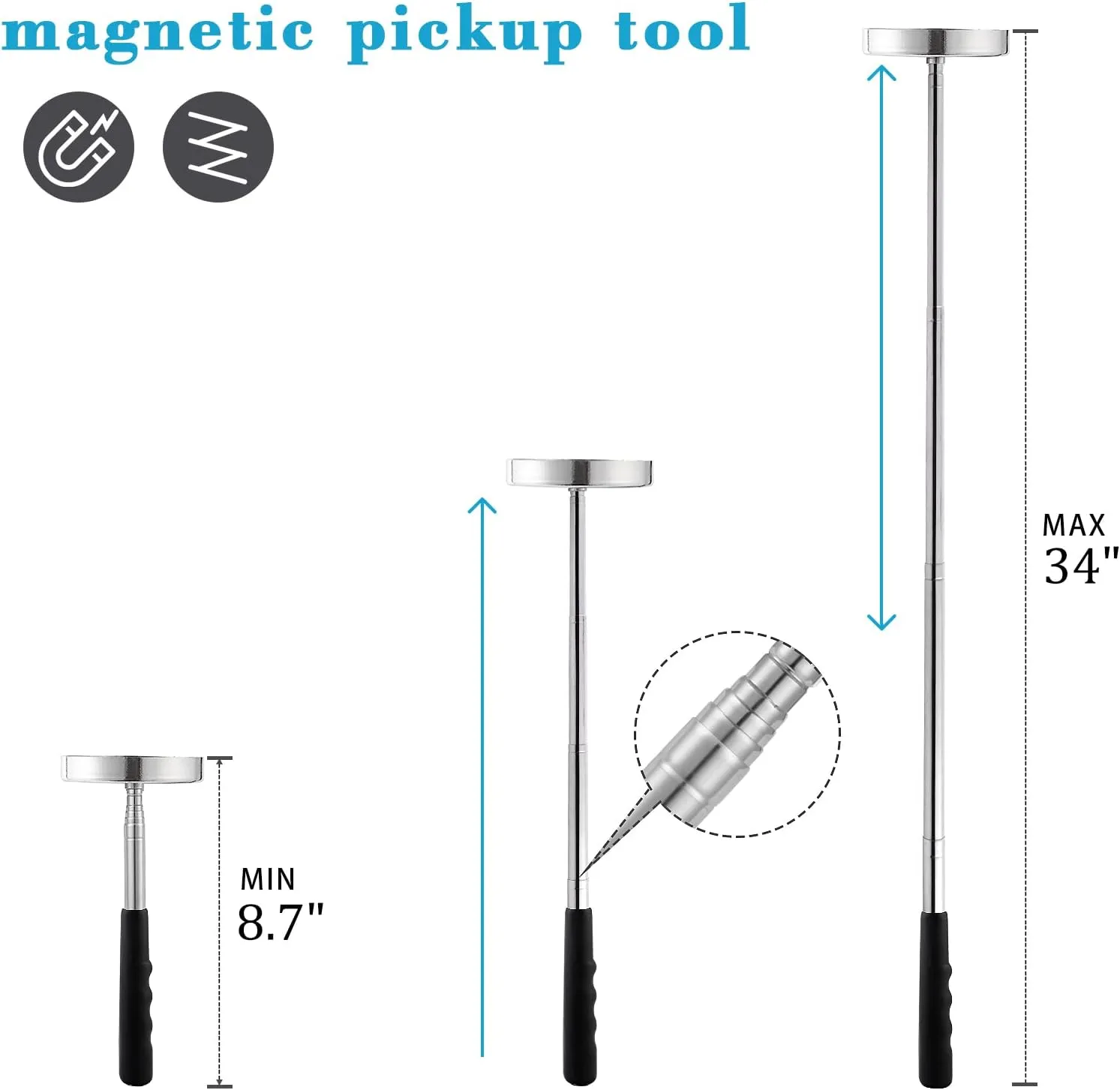 Telescoping Magnetic Sweeper Pickup Tool, Screws Parts Finder with 35LB Pull Capacity, Retractable 8.6" to 33" with Strong Magnet, Pick up Nails, Screws, and Metal Parts