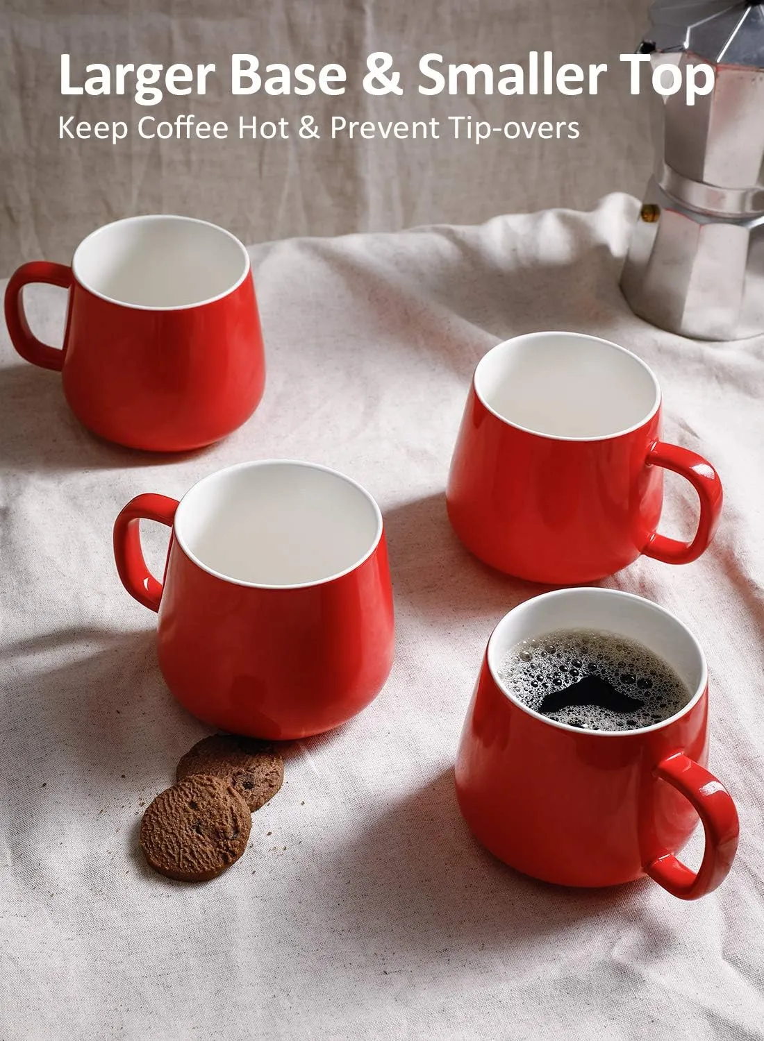 Teocera Ceramic Coffee Mug Set of 4-12 oz Coffee Mugs with Large Handles for Hot or Cold Drinks Like Latte, Cocoa, Tea or Juice - Smooth Ceramic, Dishwasher Safe, Red