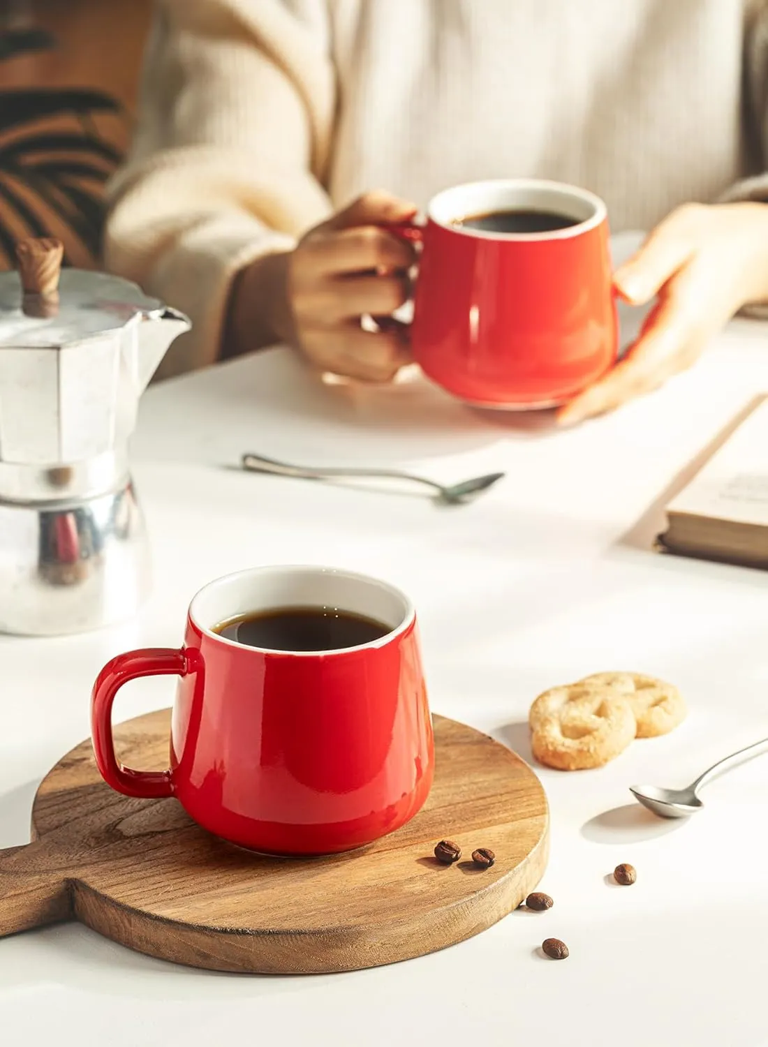 Teocera Ceramic Coffee Mug Set of 4-12 oz Coffee Mugs with Large Handles for Hot or Cold Drinks Like Latte, Cocoa, Tea or Juice - Smooth Ceramic, Dishwasher Safe, Red