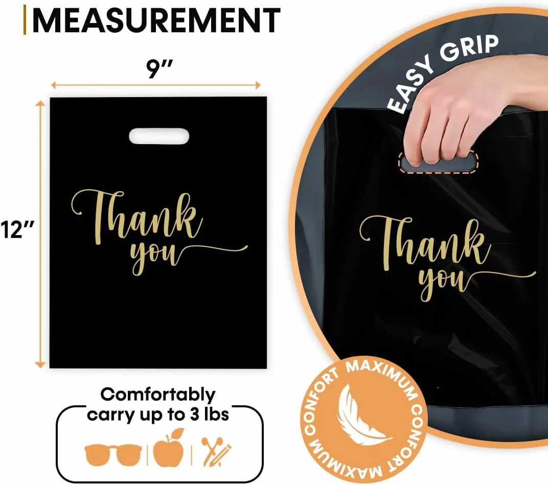 THANK YOU MERCHANDISE STORE BAGS, different sizes 9"x12", 12"x15", 15"x18" 1.25 Mil. PACKS of 100/200/500 Retail Product Bags I 100% Recyclable (100, Black/GoldTY, 9x12")