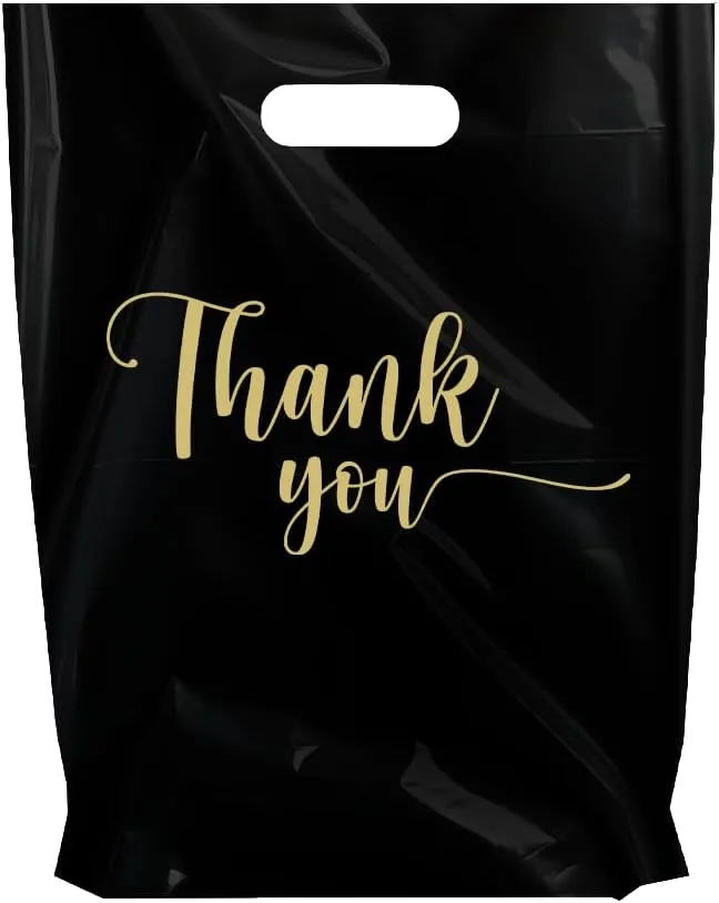 THANK YOU MERCHANDISE STORE BAGS, different sizes 9"x12", 12"x15", 15"x18" 1.25 Mil. PACKS of 100/200/500 Retail Product Bags I 100% Recyclable (100, Black/GoldTY, 9x12")