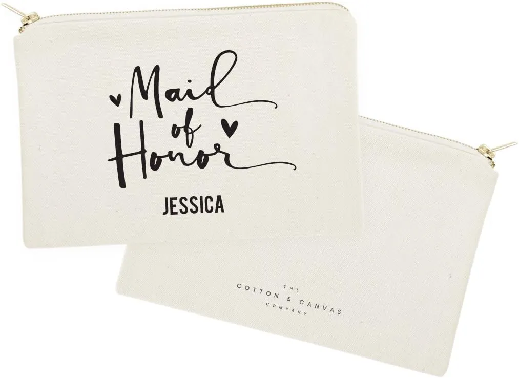 The Cotton & Canvas Co. Maid of Honor Personalized Wedding Cosmetic Bag, Bridal Party Gift and Travel Make Up Pouch