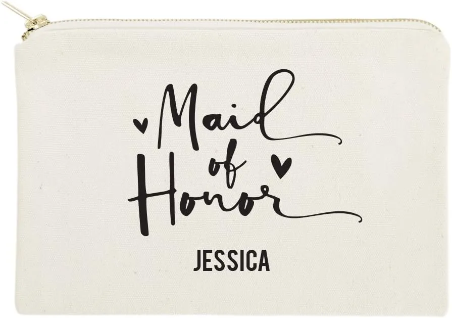 The Cotton & Canvas Co. Maid of Honor Personalized Wedding Cosmetic Bag, Bridal Party Gift and Travel Make Up Pouch