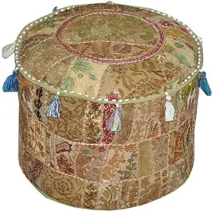 The Harry Creations Decorative Patchwork Comfortable Indian Ottoman Ethnic Cotton Cushion Bean Bag Designs Floor Embroidered Pouf Cover (Beige, 18"x13")