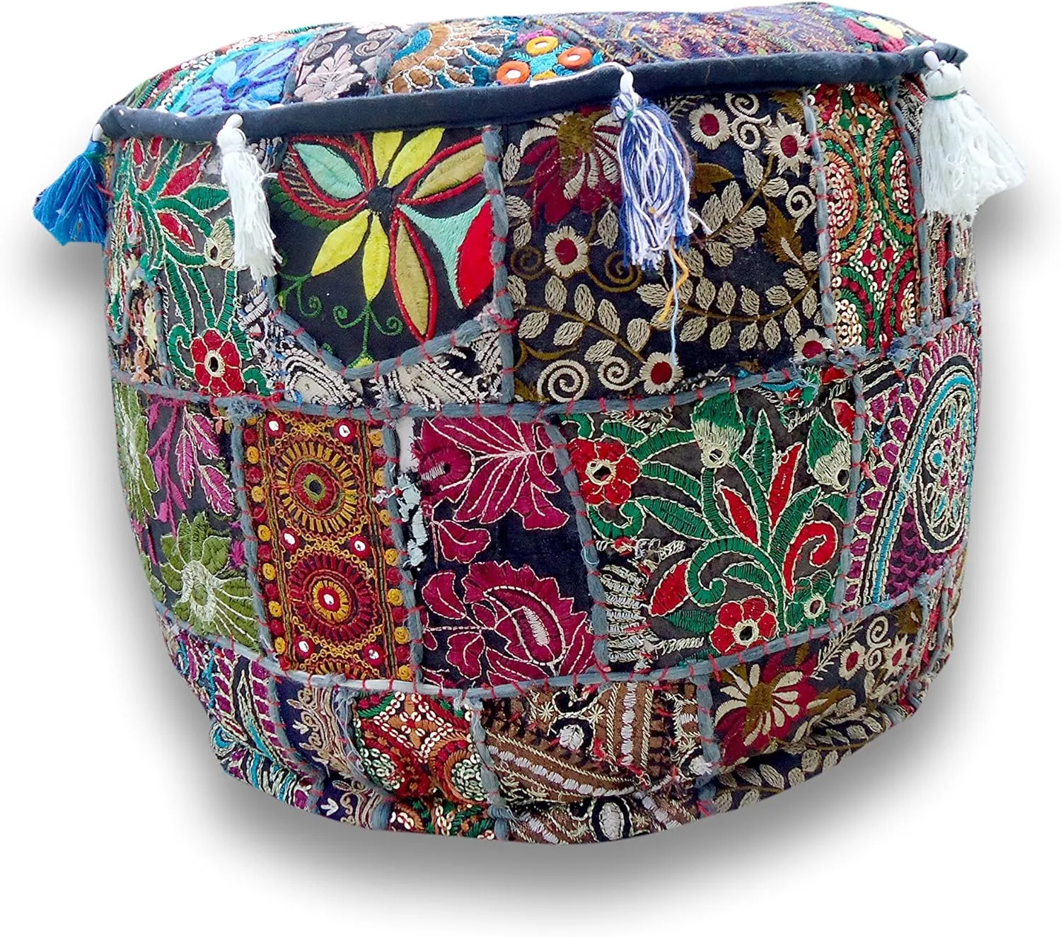 The Harry Creations Decorative Patchwork Comfortable Indian Ottoman Ethnic Cotton Cushion Bean Bag Designs Floor Embroidered Pouf Cover (Blue, 14"x22")