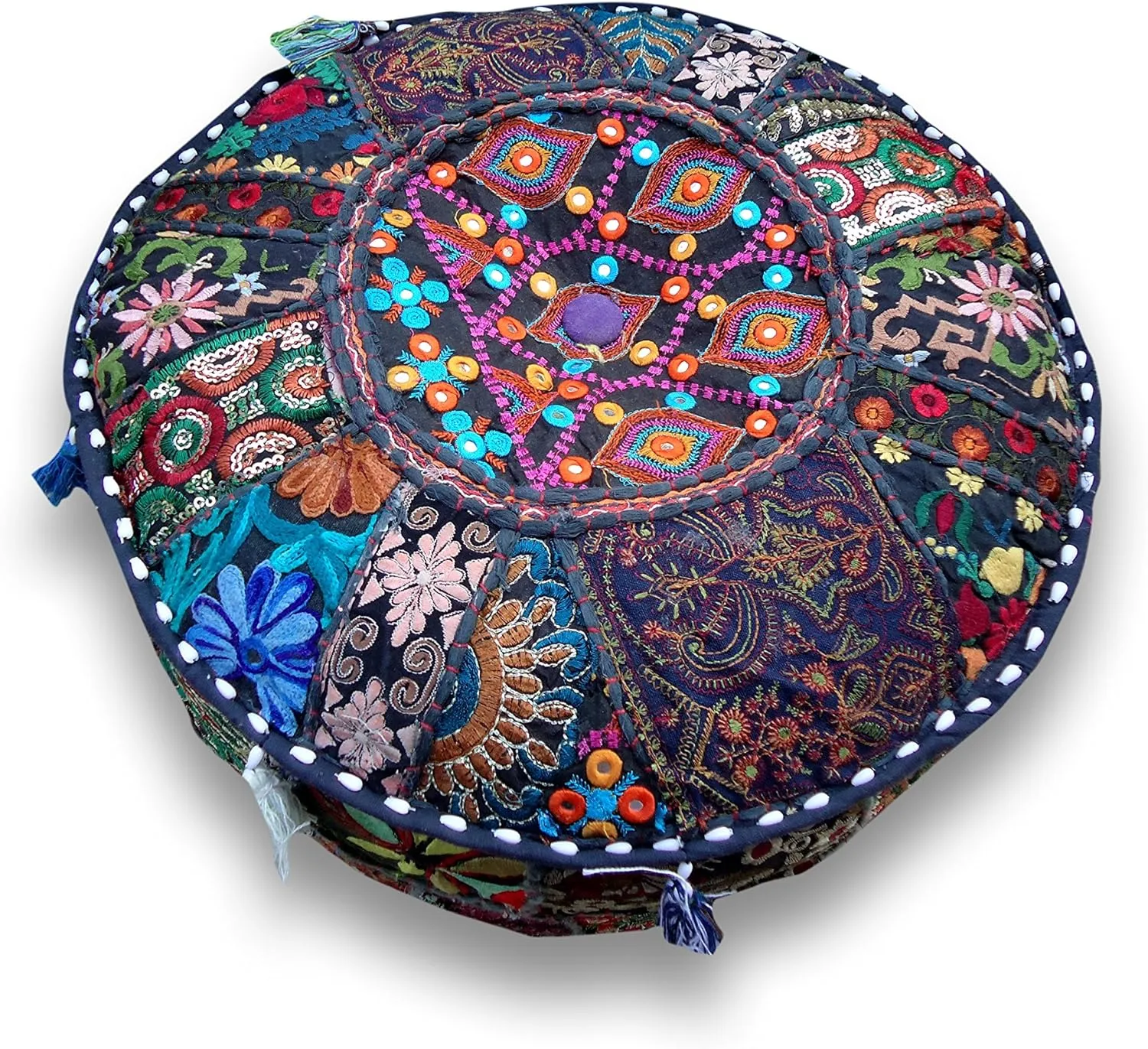 The Harry Creations Decorative Patchwork Comfortable Indian Ottoman Ethnic Cotton Cushion Bean Bag Designs Floor Embroidered Pouf Cover (Blue, 14"x22")