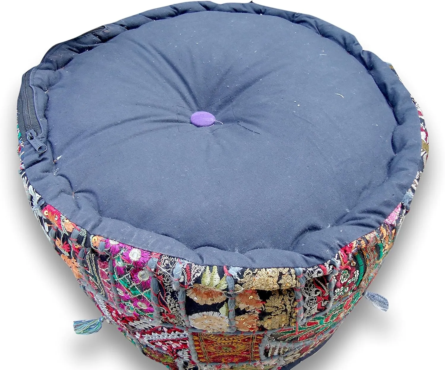 The Harry Creations Decorative Patchwork Comfortable Indian Ottoman Ethnic Cotton Cushion Bean Bag Designs Floor Embroidered Pouf Cover (Blue, 14"x22")