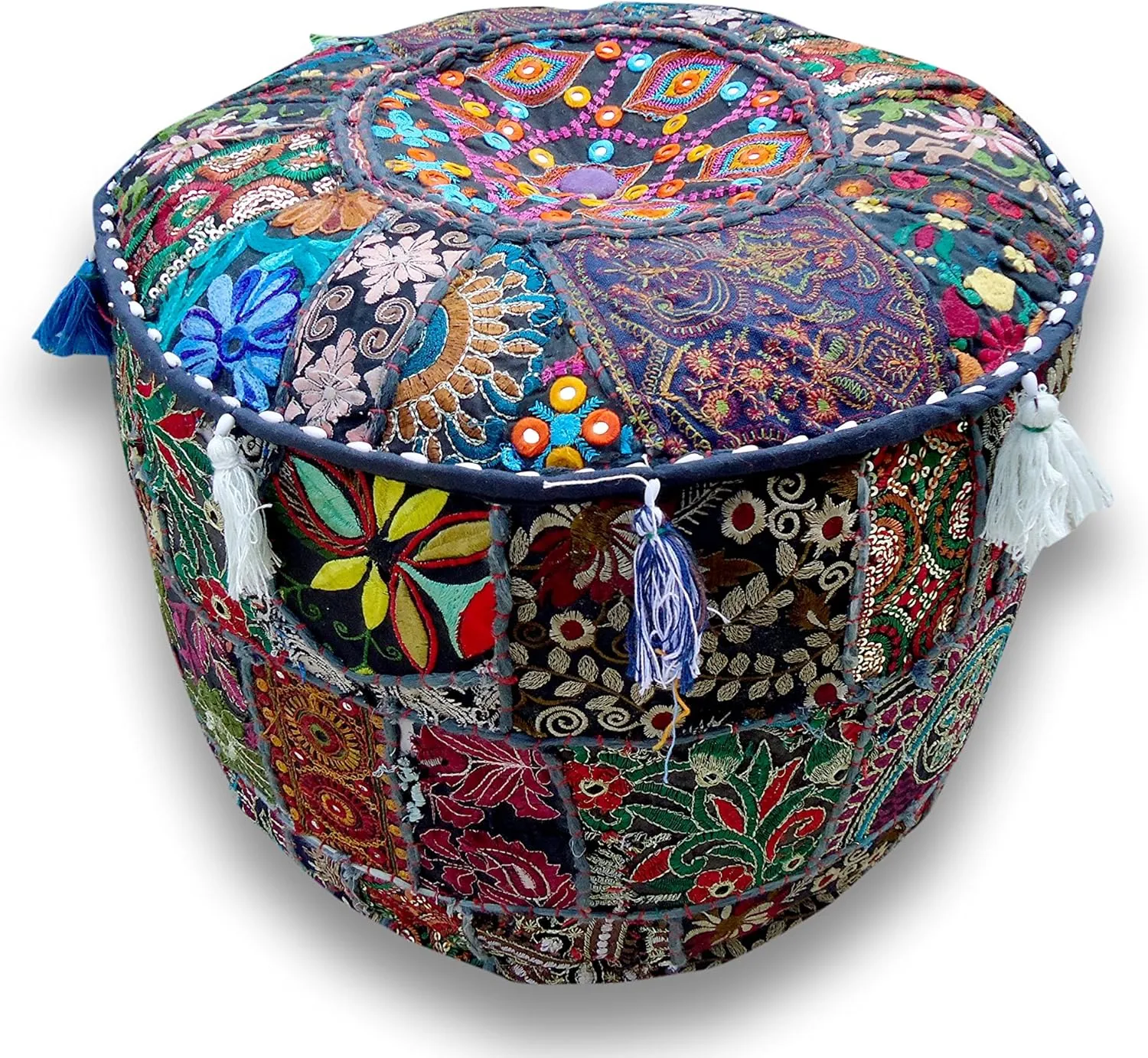 The Harry Creations Decorative Patchwork Comfortable Indian Ottoman Ethnic Cotton Cushion Bean Bag Designs Floor Embroidered Pouf Cover (Blue, 14"x22")