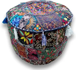 The Harry Creations Decorative Patchwork Comfortable Indian Ottoman Ethnic Cotton Cushion Bean Bag Designs Floor Embroidered Pouf Cover (Blue, 14"x22")