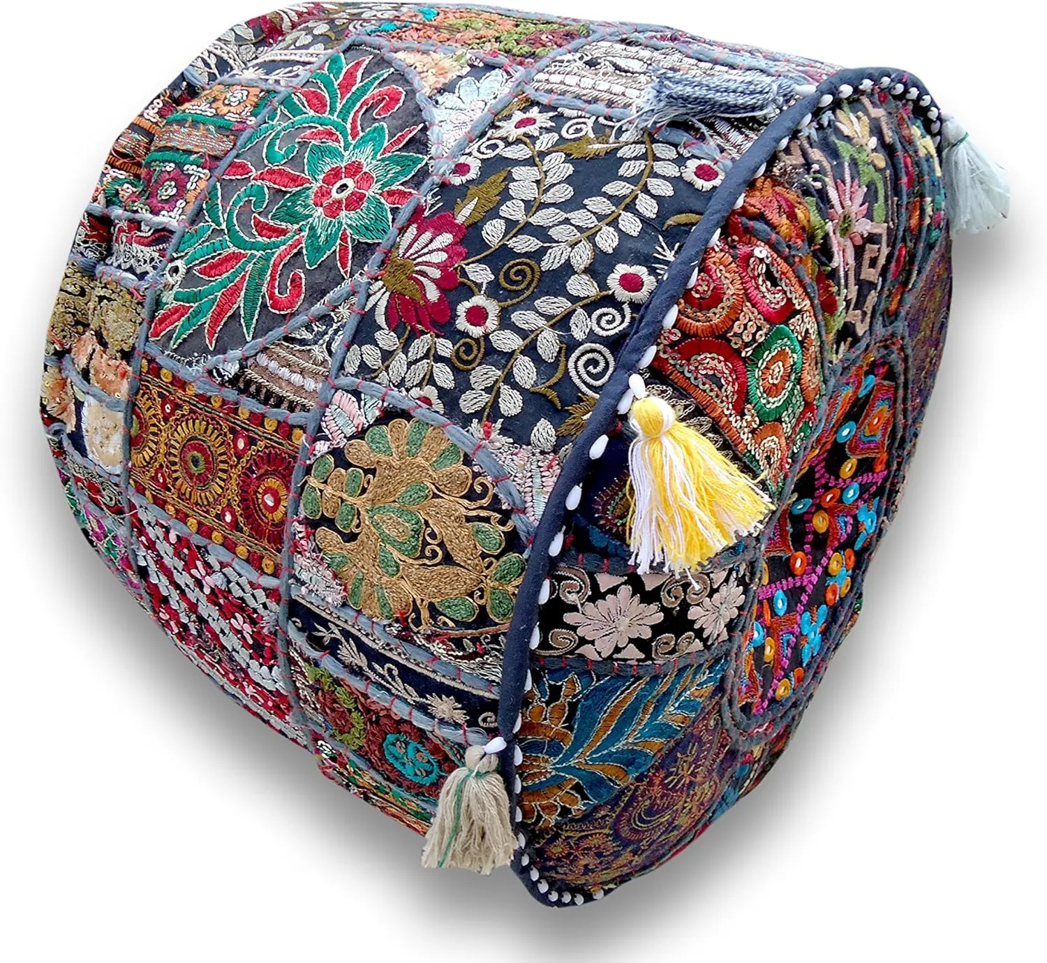 The Harry Creations Decorative Patchwork Comfortable Indian Ottoman Ethnic Cotton Cushion Bean Bag Designs Floor Embroidered Pouf Cover (Blue, 14"x22")