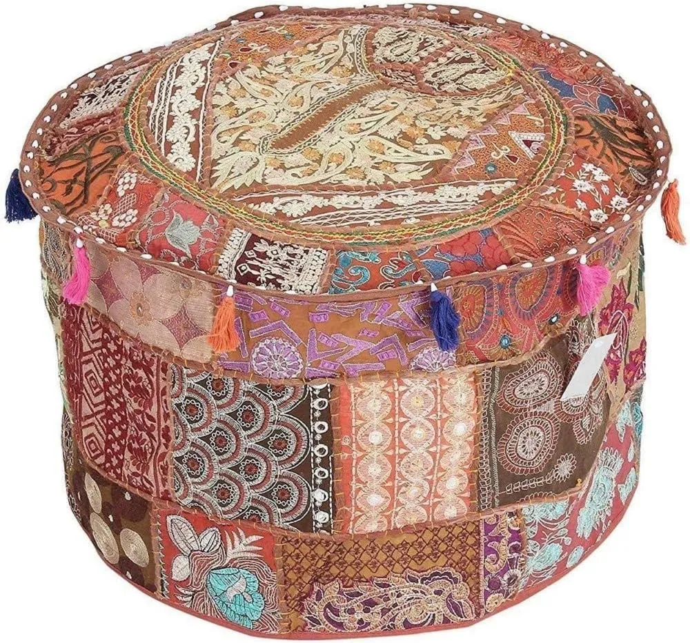 The Harry Creations Decorative Patchwork Comfortable Indian Ottoman Ethnic Cotton Cushion Bean Bag Designs Floor Embroidered Pouf Cover (Brown, 18"x13")