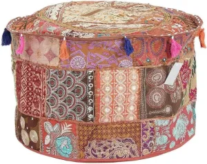 The Harry Creations Decorative Patchwork Comfortable Indian Ottoman Ethnic Cotton Cushion Bean Bag Designs Floor Embroidered Pouf Cover (Brown, 18"x13")