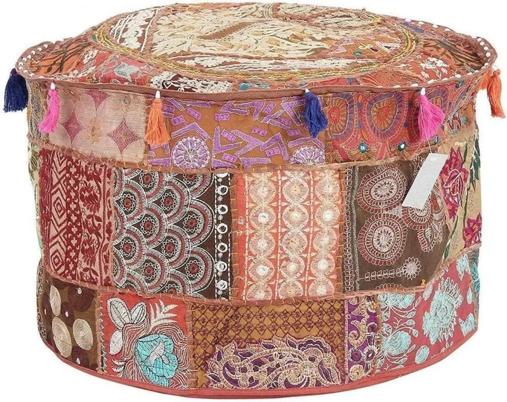 The Harry Creations Decorative Patchwork Comfortable Indian Ottoman Ethnic Cotton Cushion Bean Bag Designs Floor Embroidered Pouf Cover (Brown, 18"x13")