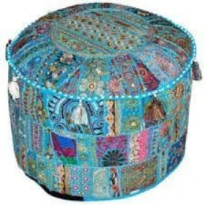 The Harry Creations Decorative Patchwork Comfortable Indian Ottoman Ethnic Cotton Cushion Bean Bag Designs Floor Embroidered Pouf Cover (Turquoise, 18"x13")