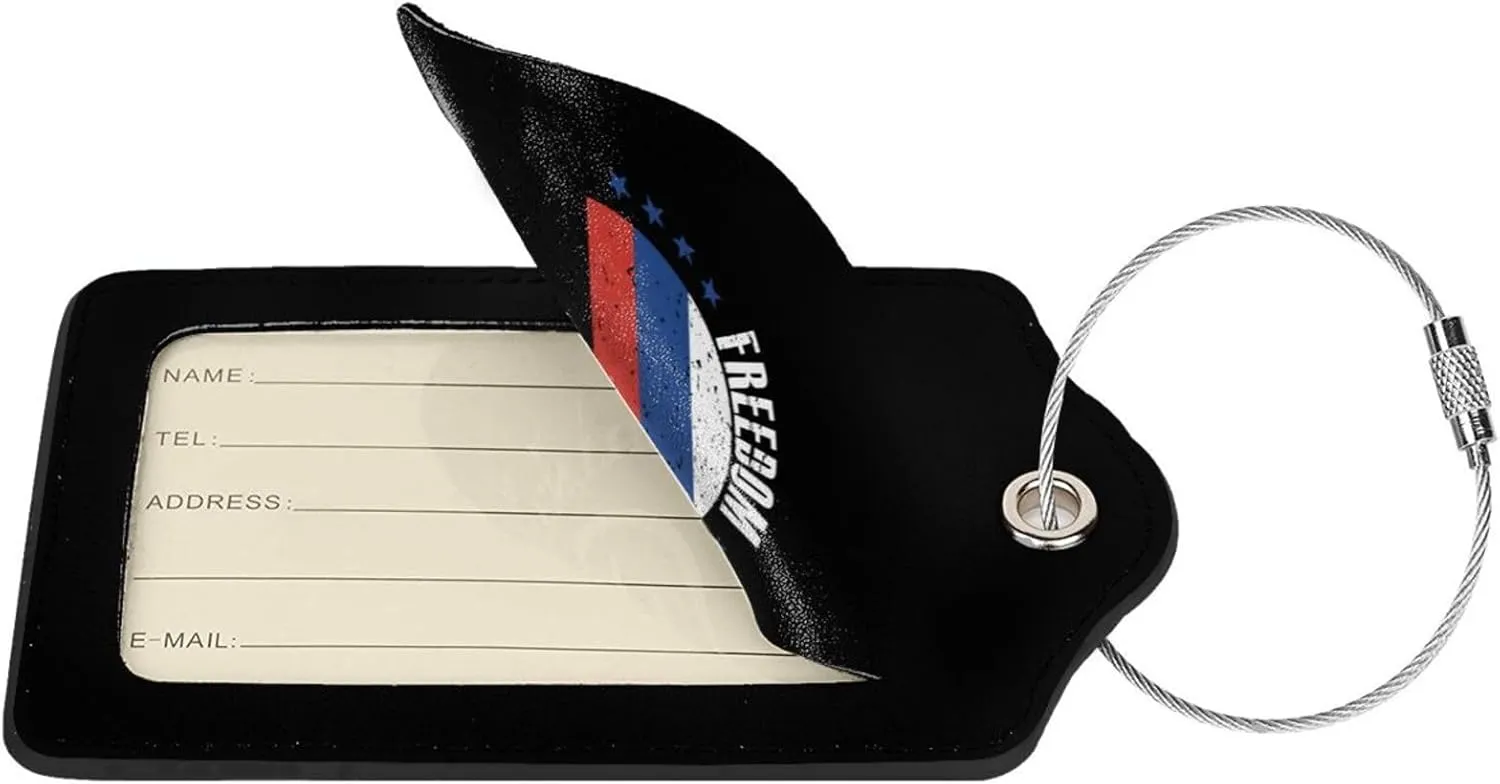 The Russia Flag and Freedom Leather Baggage Bag Luggage Tags with Stainless Steel Loop and Privacy Cover, 1 PCS, Black