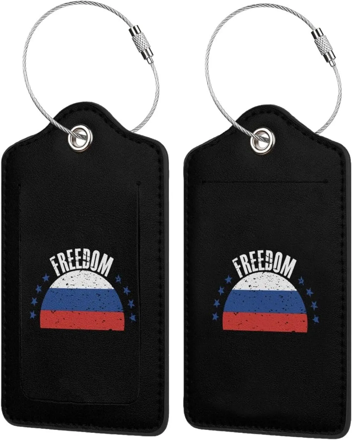 The Russia Flag and Freedom Leather Baggage Bag Luggage Tags with Stainless Steel Loop and Privacy Cover, 1 PCS, Black